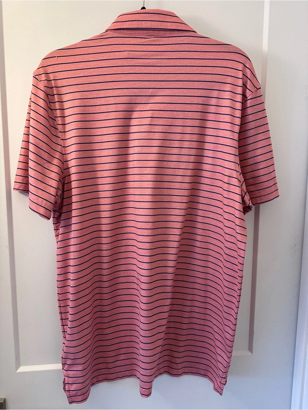 J.Crew Performance Men’s Coral Pink Navy Striped Golf Polo SS Shirt Size Large